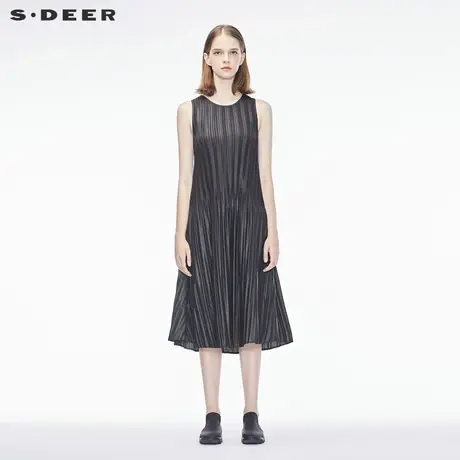 sdeer圣迪奥2019秋装新款风琴褶皱长款A字无袖连衣裙女S18381214图片