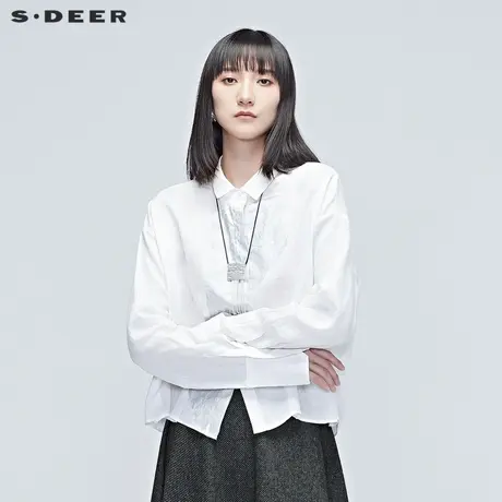 sdeer圣迪奥春装女装休闲通勤翻领印花亚麻长袖白色衬衫S20380505图片