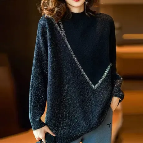 2024春季大码女装针织毛衣女宽松胖mm上衣烫钻拼色小高领打底衫女商品大图