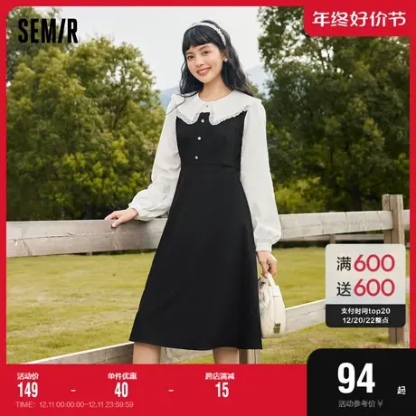 森马连衣裙女黑白拼接质感通勤2022秋季新款撞色中长裙温柔风气质图片