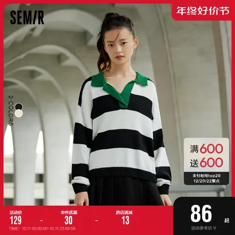 森马毛衣女polo领条纹复古2022秋季新款宽松气质撞色学院风套头衫图片