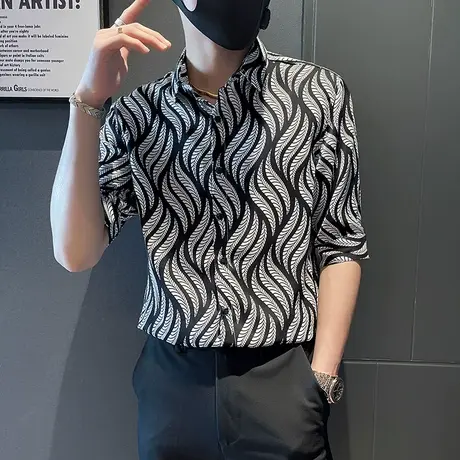 夏季个性短袖衬衫中袖潮流休闲五分袖帅气修身花色百搭发型师衬衣商品大图