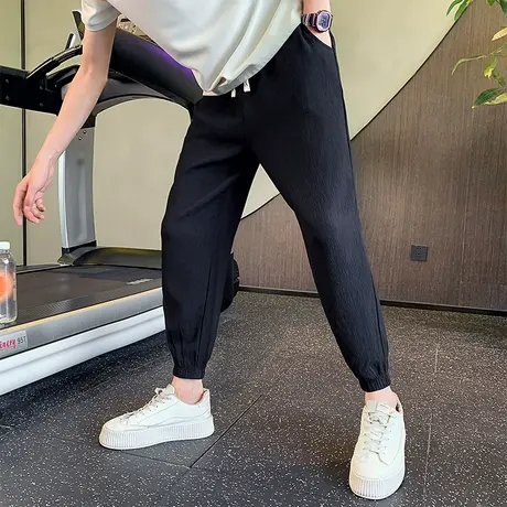 夏季男士纯色条纹薄款休闲束脚裤2023新款潮流垂感修身小脚九分裤商品大图