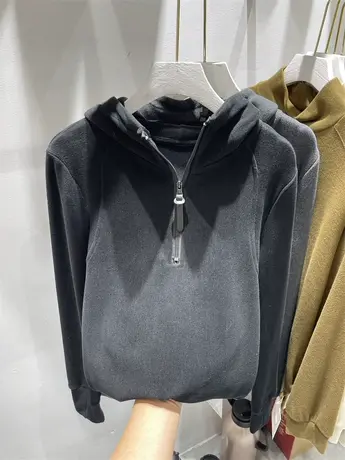 半拉链连帽双面德绒长袖卫衣女2024秋冬新款休闲百搭减龄拼接上衣图片