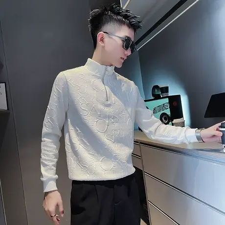 秋季新款潮牌纯色时尚休闲浮雕字母长袖体恤POLO衫男士卫衣外套商品大图