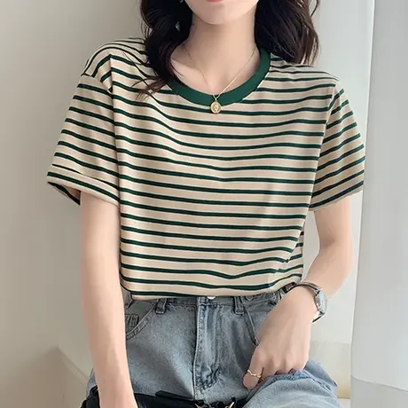 绿色条纹t恤女短袖夏季2023年新款夏季内搭纯棉宽松圆领体恤上衣商品大图