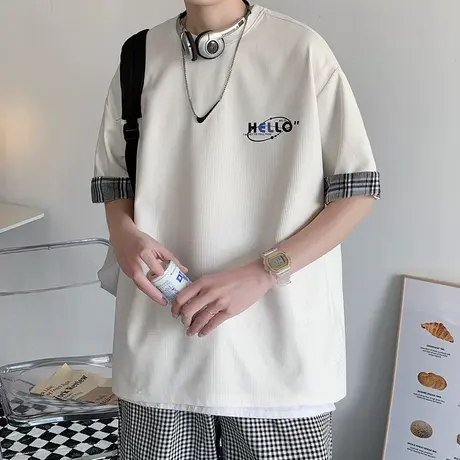 夏季短袖T恤男ins潮牌圆领宽松百搭上衣港风潮流休闲简约半袖体恤商品大图