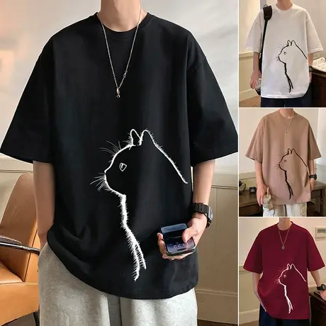 猫咪印花短袖t恤男夏季vintage美式重磅纯棉潮牌情侣2023新款半袖商品大图