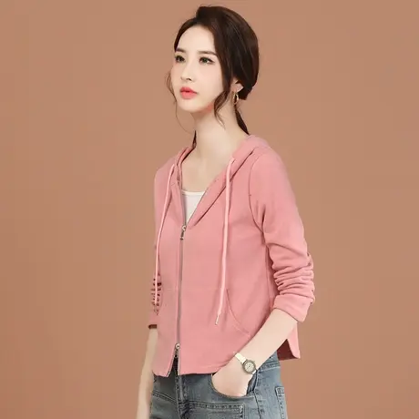 【1月17日春装上新7.8折】连帽粉色开衫卫衣女百搭修身显瘦短外套图片