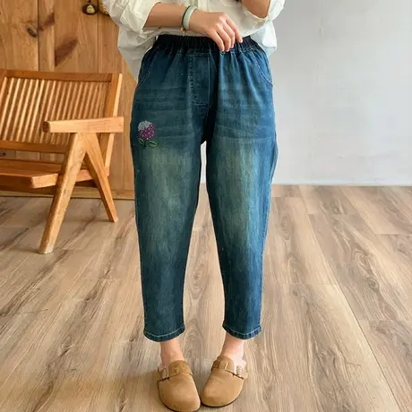 dza 高腰显瘦纯棉绣花直筒牛仔裤子女士春季九分裤宽松百搭休闲裤商品大图