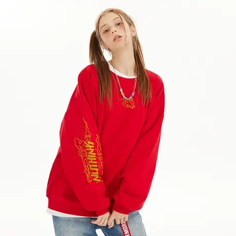 Nuthink新年本命年红色圆领卫衣男潮国潮中性风宽松加绒加厚外套商品大图