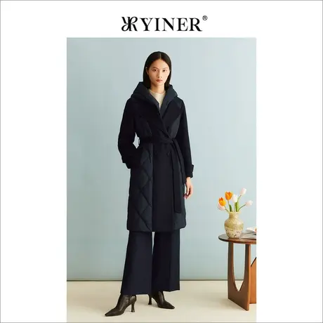 【白鹅绒】YINER音儿女装冬季羊毛厚实保暖中长款连帽羽绒服图片