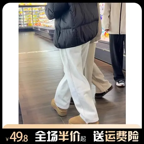 灰色加绒加厚裤子女秋冬2024新款宽松显瘦直筒抽绳阔腿裤运动卫裤商品大图