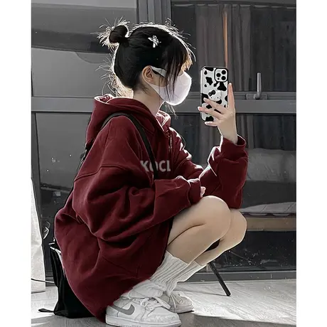 酒红色复古港风chic卫衣女秋冬加绒加厚美式oversize宽松连帽外套商品大图