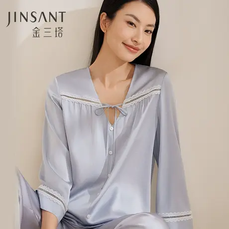 金三塔真丝睡衣女100%桑蚕丝春夏蕾丝宽松舒适长袖套头家居服套装图片