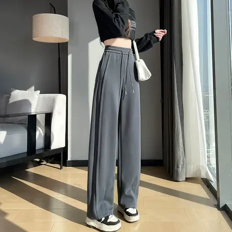 灰色窄版阔腿裤女2024春秋新款休闲高腰显瘦抽绳直筒香蕉裤拖地裤图片