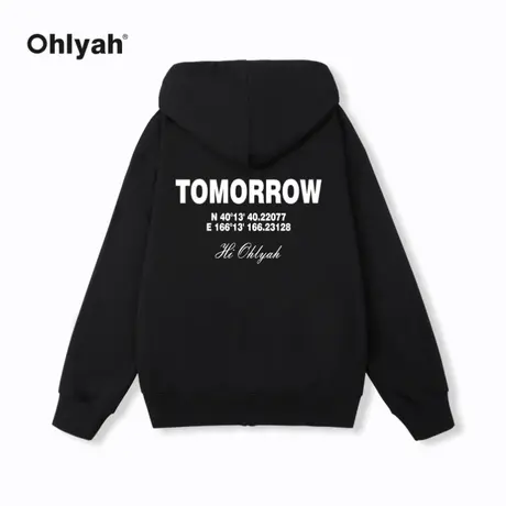 Ohlyah复古字母标语印花连帽开衫卫衣男女国潮情侣班服定制外套商品大图