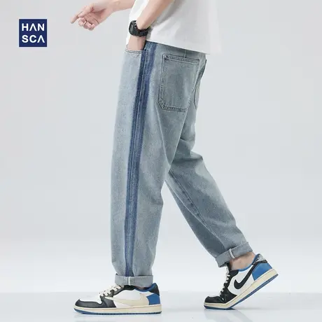 hansca浅色牛仔裤男宽松复古春季新款休闲水洗潮流百搭直筒长裤子商品大图