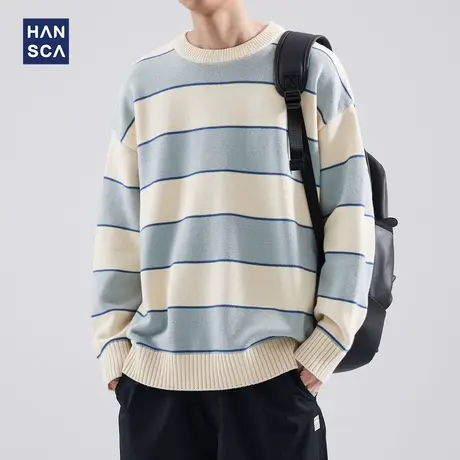 hansca毛衣男款冬季美式复古潮牌宽松休闲慵懒撞色条纹针织衫外套商品大图