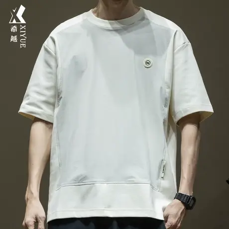 希越冰丝凉感短袖T恤男2024夏季新款宽松大码男士美式拼接打底衫商品大图