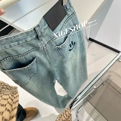 笑脸刺绣牛仔裤女2024新款复古蓝色高腰宽松阔腿直筒裤百搭长裤春图片