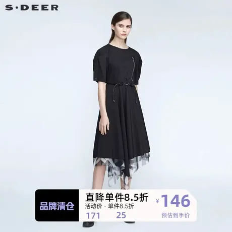 sdeer圣迪奥圆领收腰印花不规则短袖连衣裙S21181222图片