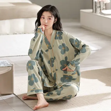 婷美新款春秋季睡衣女纯棉休闲套装长袖长裤开衫秋冬款家居服外穿商品大图