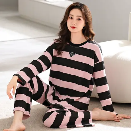 婷美纯棉睡衣女秋冬款条纹圆领长袖套头外出休闲春秋季家居服套装商品大图
