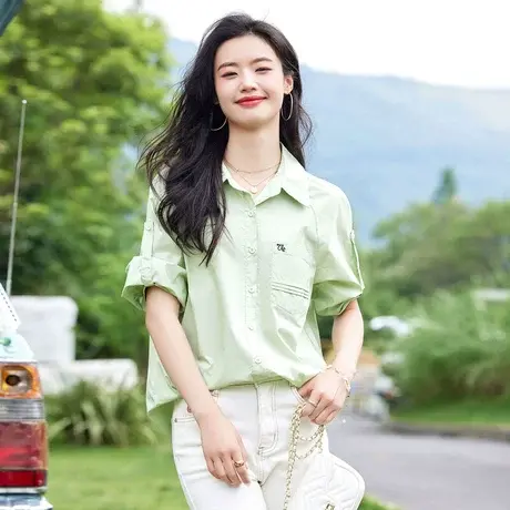 时尚气质休闲七分袖衬衫2023年夏季新款女士简约宽松显瘦通勤上衣商品大图