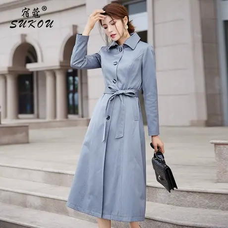 灰色小款收腰风衣2023流行风衣女中长款秋季新款大码外套修身过膝图片