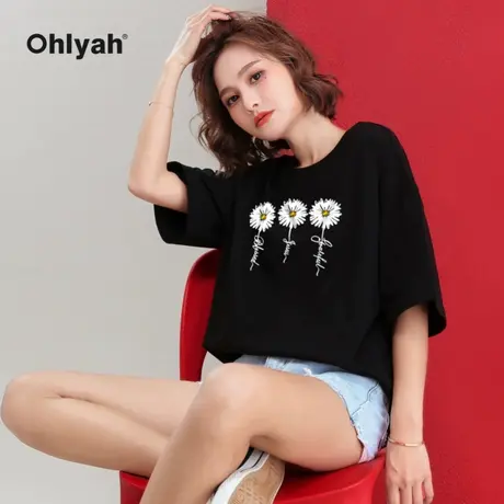 Ohlyah品牌 小雏菊t恤女中长款黑色下装失踪潮穿搭韩版短袖打底衫商品大图