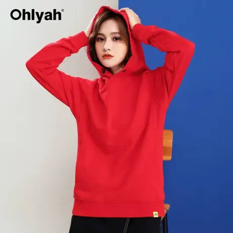 Ohlyah品牌 连帽衫红色卫衣女秋冬纯棉情侣外套大码休闲运动百搭图片