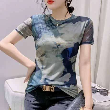 晕染网纱T恤女短袖2023夏季新款欧货性感上衣修身显瘦洋气小衫ins图片