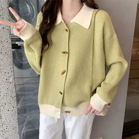 初秋设计感女士方领拼色针织开衫毛衣外套2023秋冬新款长袖上衣女商品大图