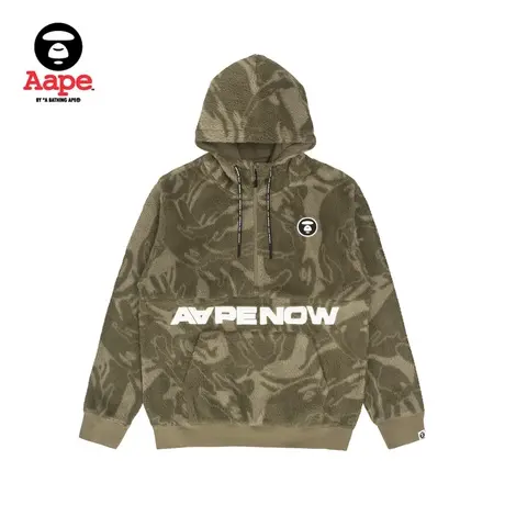 Aape旗舰店男装秋冬经典迷彩字母刺绣半拉链绒面连帽卫衣3895XAJ商品大图