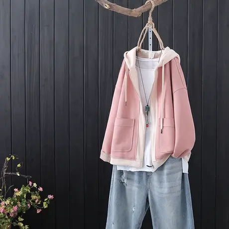 连帽外套女2020春秋新款文艺拼接拉链宽松短款棒球服女休闲夹克衫图片