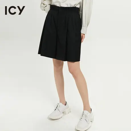 icy2023春季新款时髦设计感简约黑色压褶休闲阔腿西装短裤图片