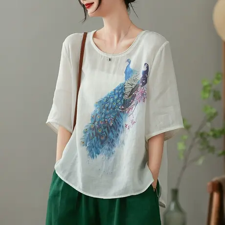 dza复古不规则苎麻T恤女2023夏薄款圆领打底体恤宽松棉麻套头上衣商品大图