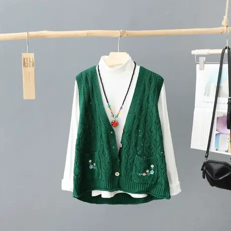 文艺镂空刺绣V领针织开衫马甲女无袖春秋新款叠穿毛衣坎肩女背心X图片