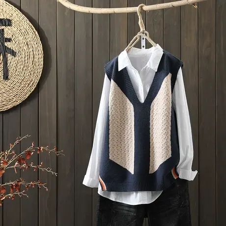 枫谜2021年秋装新款文艺简约撞色针织马夹背心女宽松无袖毛衣坎肩图片