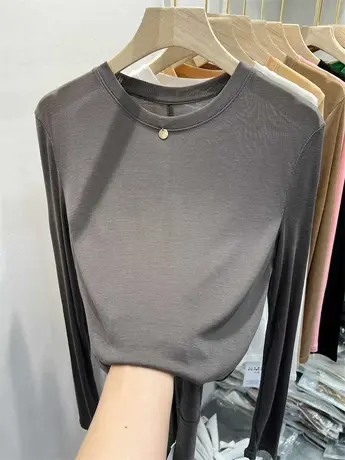 欧货轻薄款纯色百搭长袖T恤女2023春装新款洋气体恤小衫柔软上衣图片