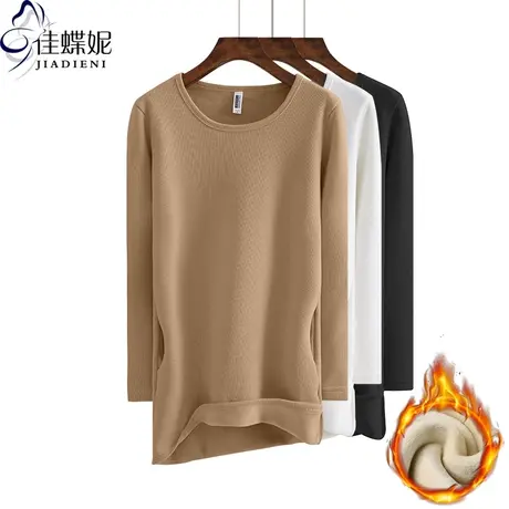冬季新款韩圆领显瘦修身长袖口袋中长款体恤加绒加厚保暖内搭女装商品大图