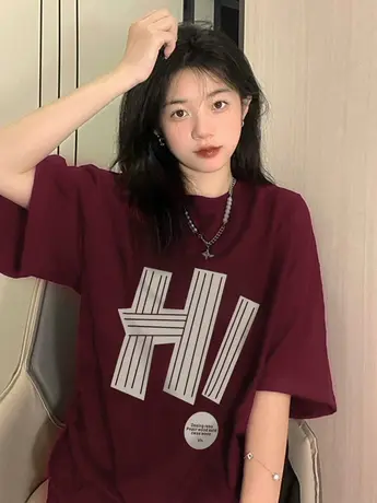 纯棉酒红色短袖t恤女夏季美式复古小众设计感宽松半袖上衣潮牌ins商品大图
