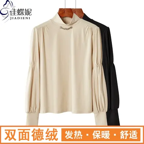 秋冬新款韩版中高领宽松双面德绒泡泡袖纯色长袖体恤上衣女打底衫图片
