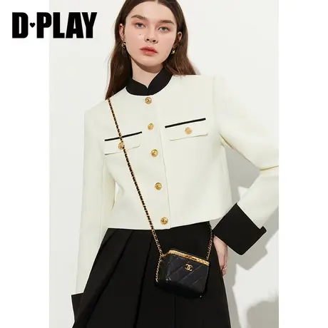 DPLAY黑标2023年法式轻奢奶油杏拼黑小香风撞色粗花呢轻奢短外套图片
