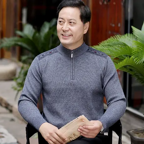 2023新款冬季爸爸毛衣加厚半高拉链领中年男士羊毛衫老人针织衣服商品大图