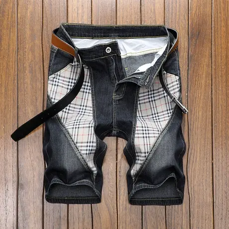 夏季男士牛仔裤短裤拼接不规则弹力修身个性字母印花五分潮牌马裤商品大图