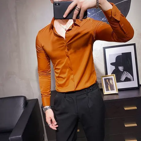 高级感气质炫彩色暗门襟衬衫男长袖潮流韩版修身绅士雅痞垂滑寸衣图片