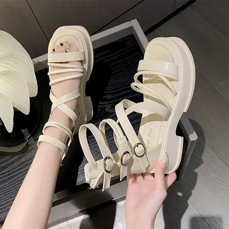 罗马凉鞋女夏季时尚厚底增高跟交叉绑带配裙子小众高帮镂空凉靴子商品大图