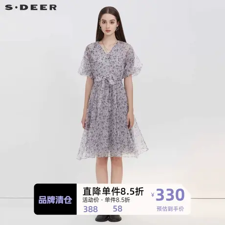 sdeer圣迪奥女装V领碎花收腰泡泡袖连衣裙S223Z12Y3图片